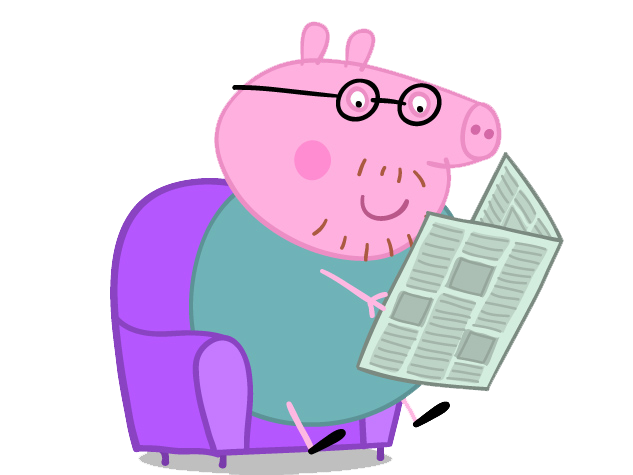 A cartoon daddy pig sitting in a chair
