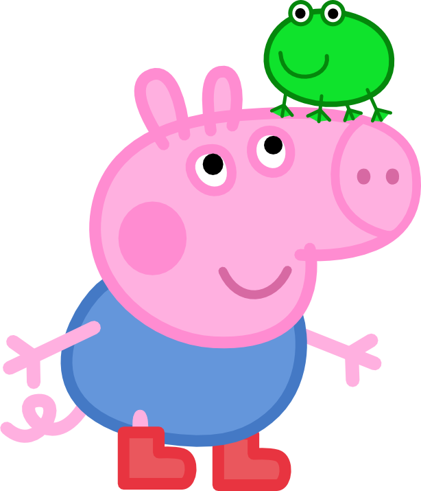 A little cartoon pig, wearing blue, holding a cartoon frog.