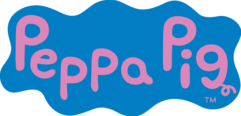 The Peppa Pig logo- Pink syalized text on a blue background that resembles a blob of spilled paint