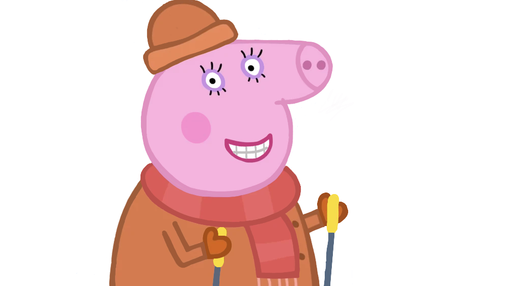 A cartoon mummy pig, grinning at the camera, holding ski poles, and wearing winter gear.
