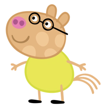 A cartoon pony, he is bipedal, and wearing yellow, he is happy.