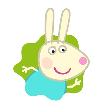 A smiling cartoon rabbit, she is on a background that resembles yellow spilled paint.