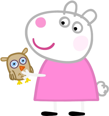 A cartoon sheep. She is wearing a pink dress and grinning at the camera.